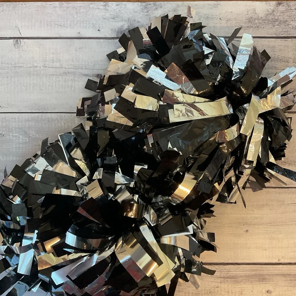 Cheerleading Pom Poms Black Silver Metallic Pair Baton Handle Cheer Dance #2
